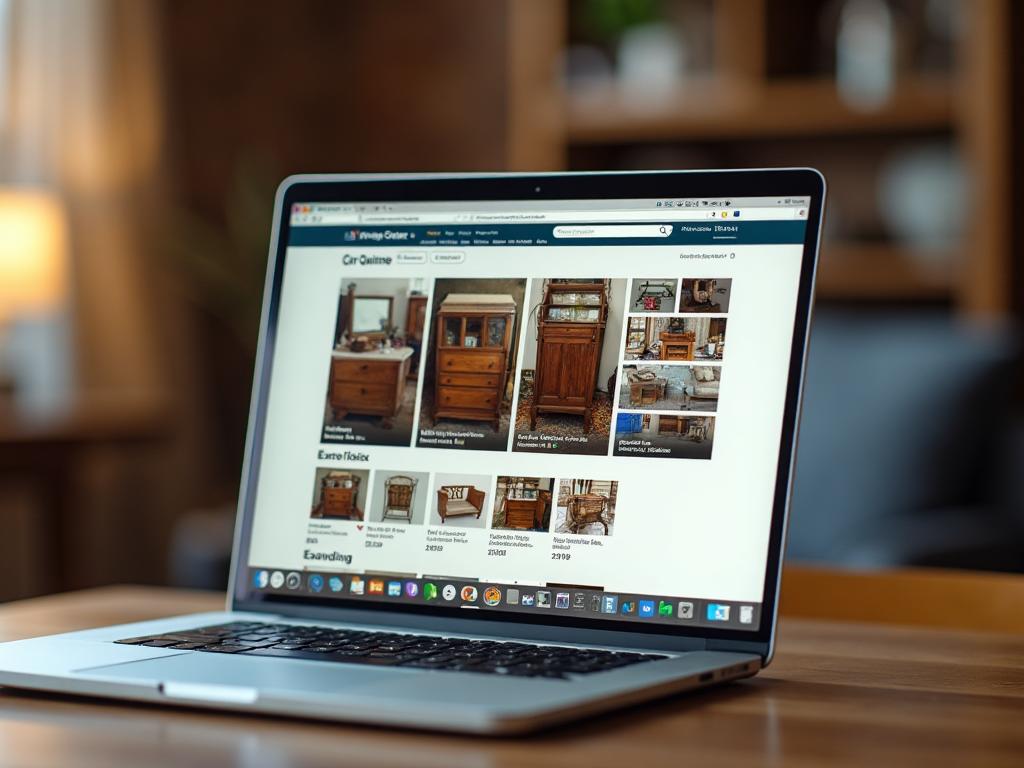 Laptop showing an online auction page with listings for vintage wooden furniture