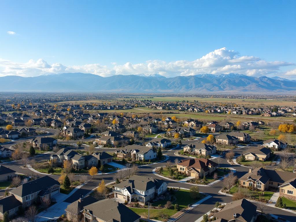 Aerial view of a Front Range suburban neighborhood with the Rocky Mountains in the distance