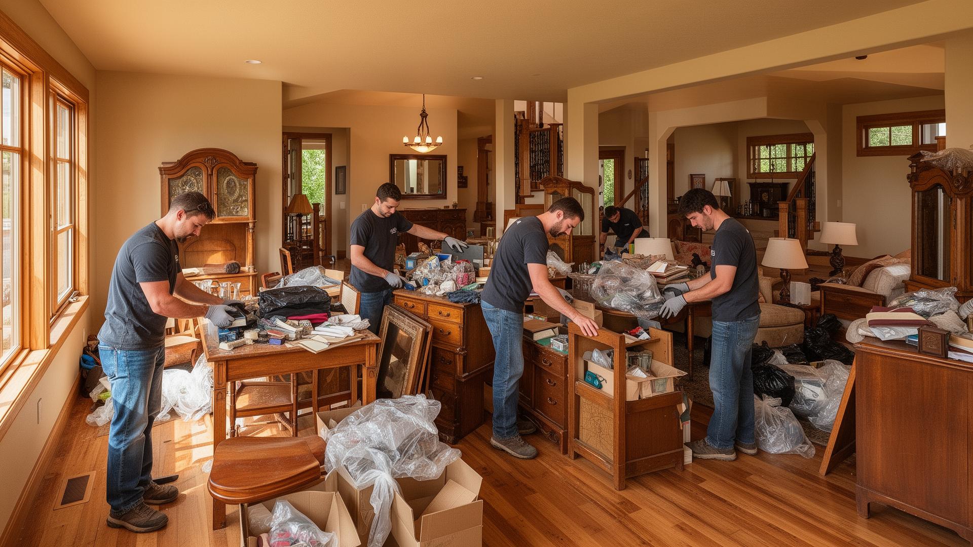 Crew sorting and packing furniture and household items inside a home