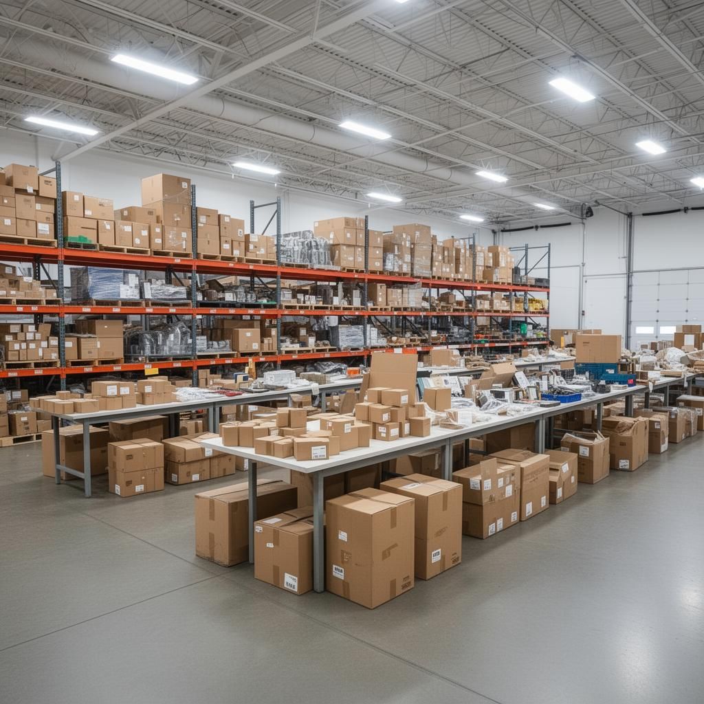 Professional estate auction warehouse with items organized and ready for shipping to online buyers