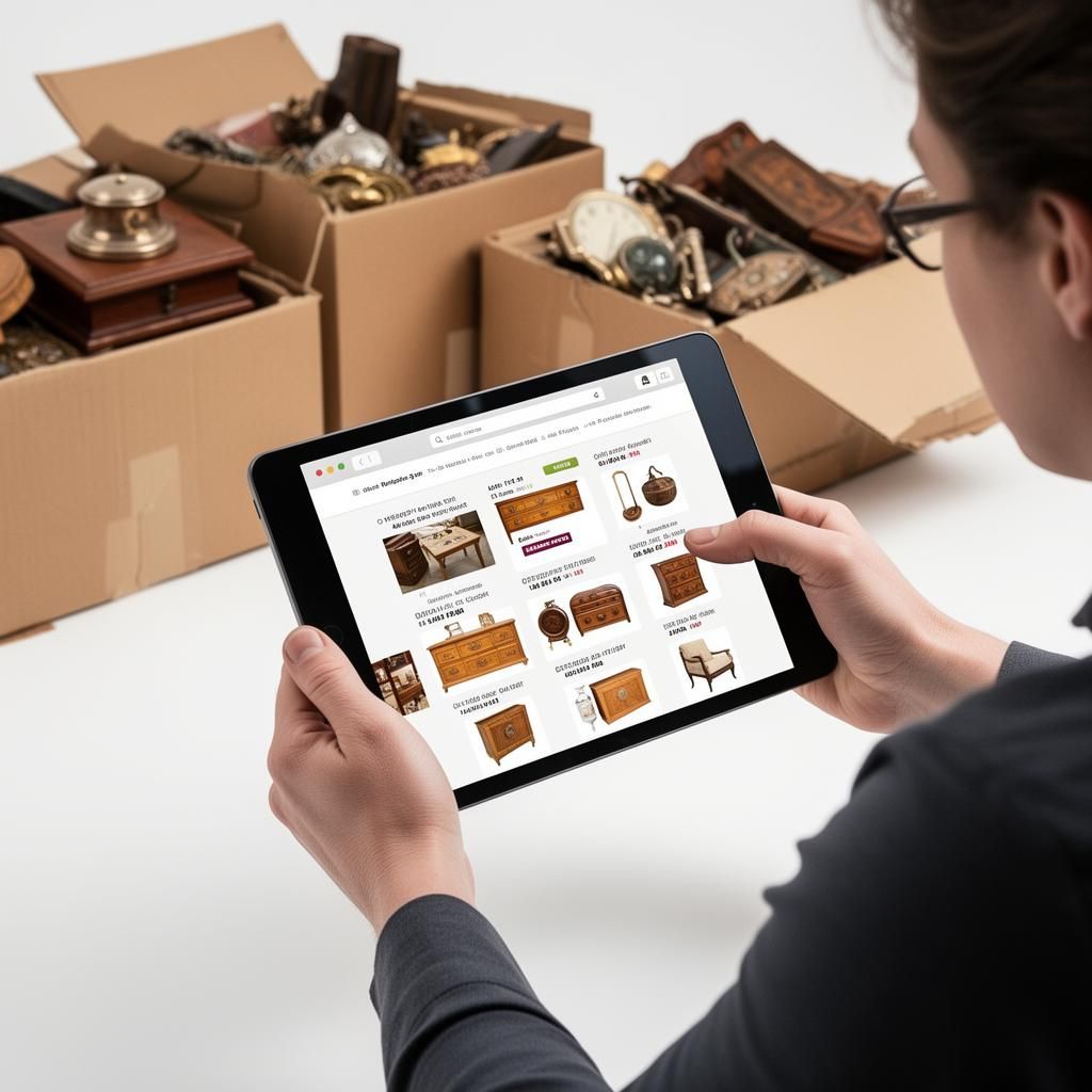 Estate liquidation specialist using a tablet to catalog and list vintage items for online auction