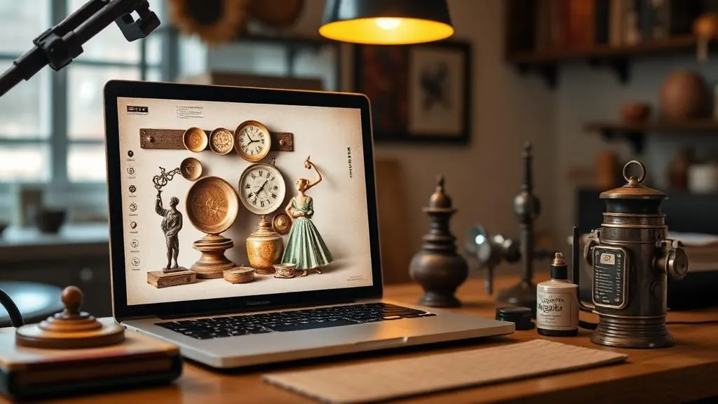 AI-powered product photography and listing creation setup with vintage collectibles