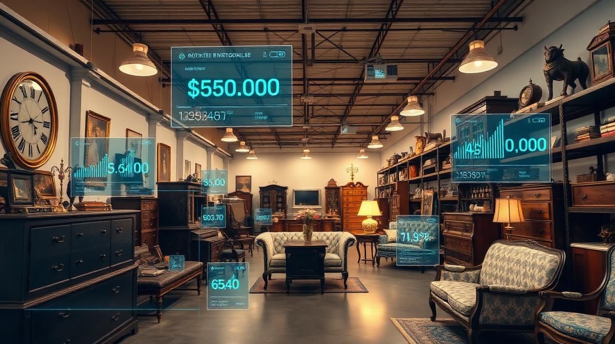 AI-powered estate liquidation warehouse in Denver with holographic pricing data displays over antique furniture