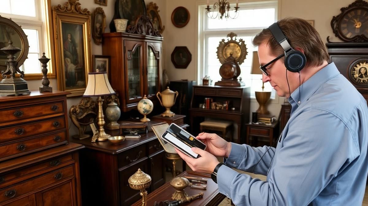 Estate liquidation expert using AI-powered digital tools to appraise antiques in a Denver home