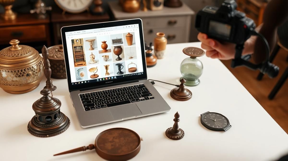 Professional photographer using AI-enhanced product photography for Denver estate sale collectibles