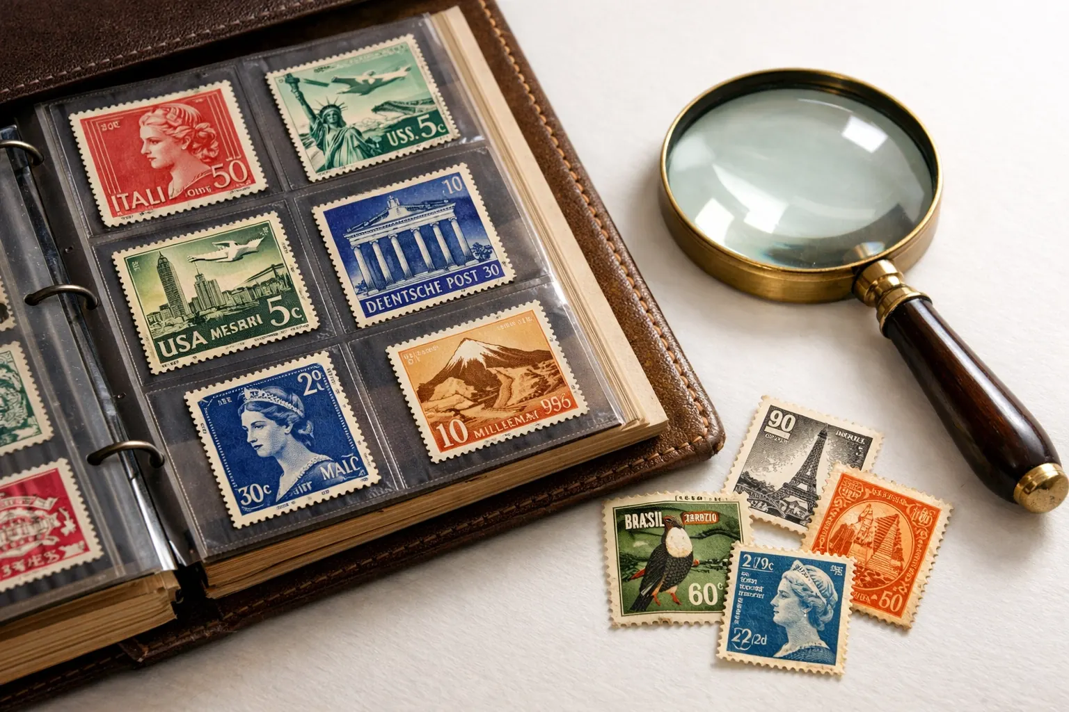 Close-up of vintage stamp album and collectible items