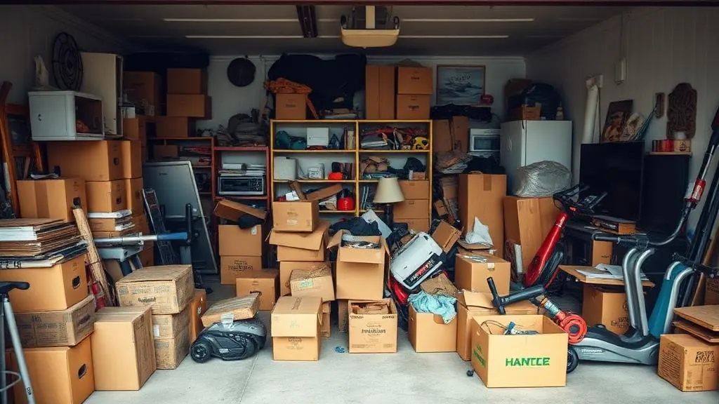Cluttered garage full of boxes, furniture and items needing removal