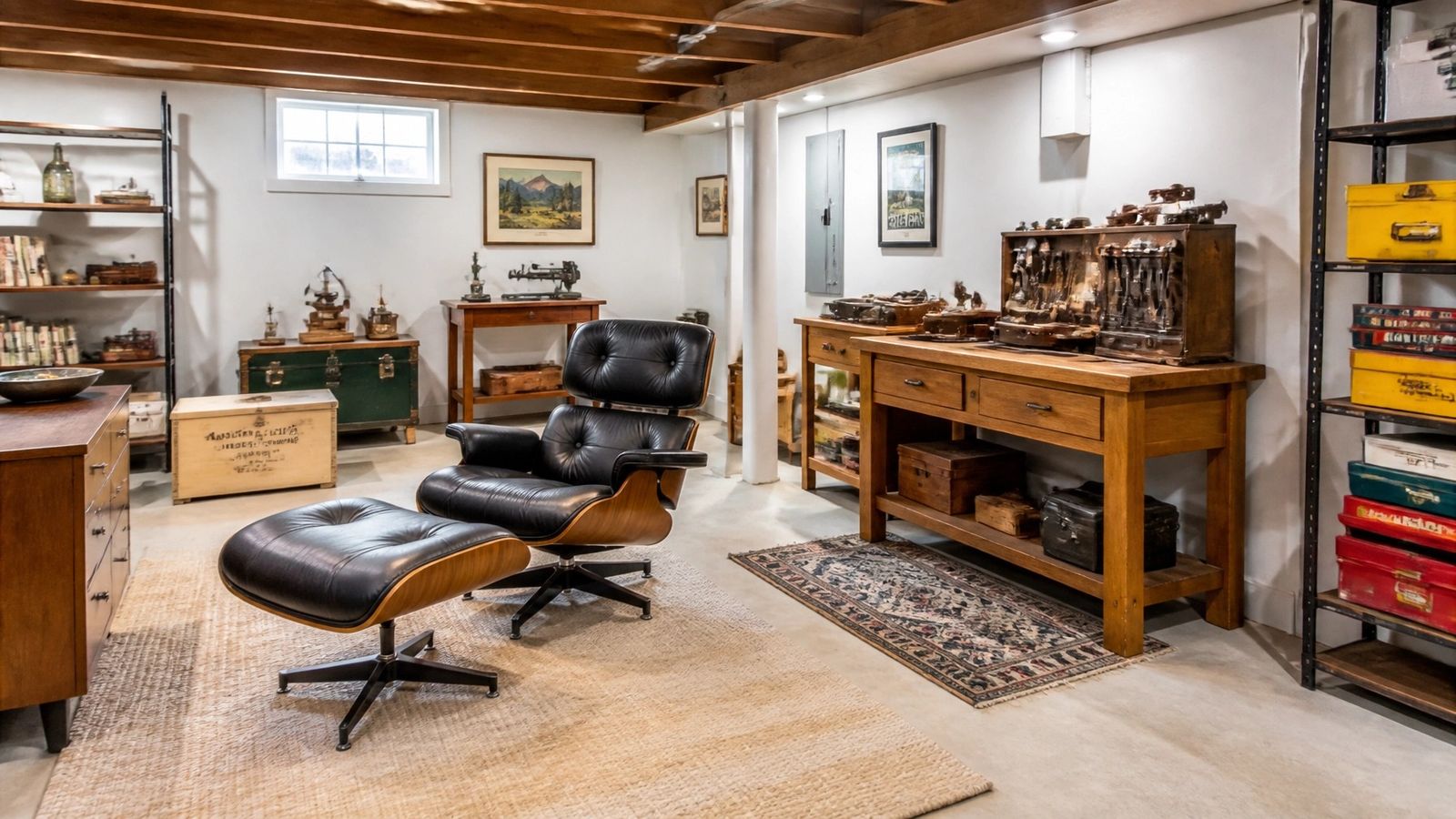 Finished Colorado basement with mid-century modern furniture, a workbench of vintage tools, and shelves of collectibles