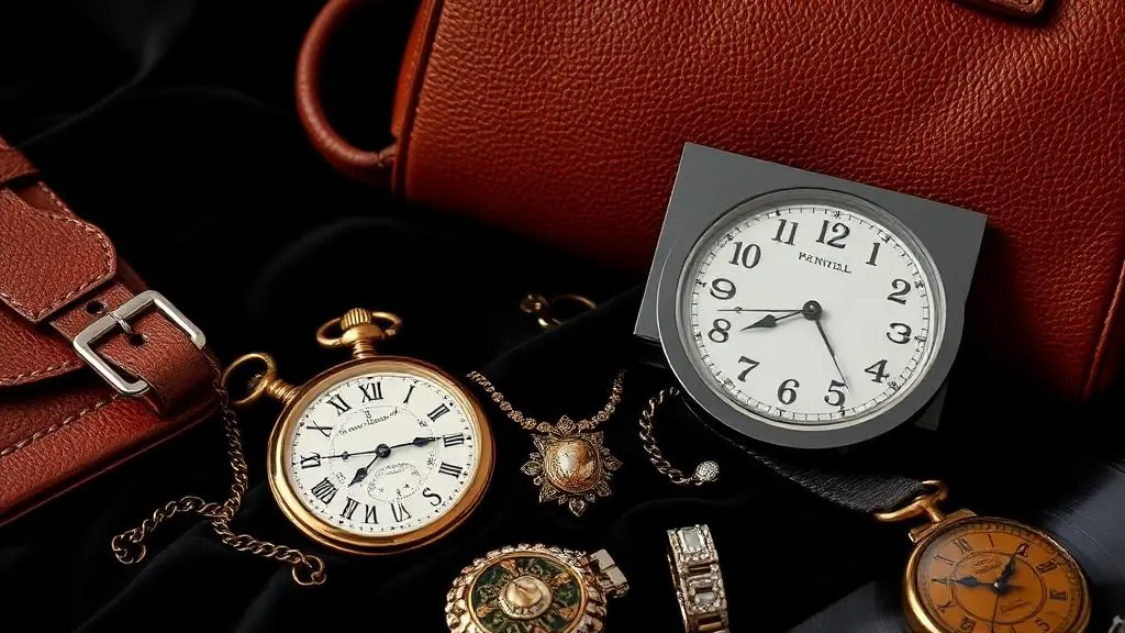 Luxury vintage collectibles including antique pocket watches, jewelry, and designer accessories