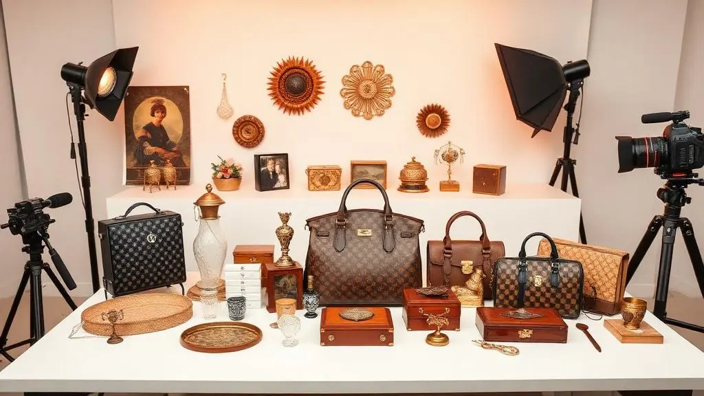 Professional e-commerce product photography setup with vintage collectibles and designer items