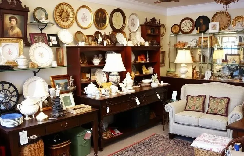 Estate sale items organized and tagged for auction including antique furniture and collectibles