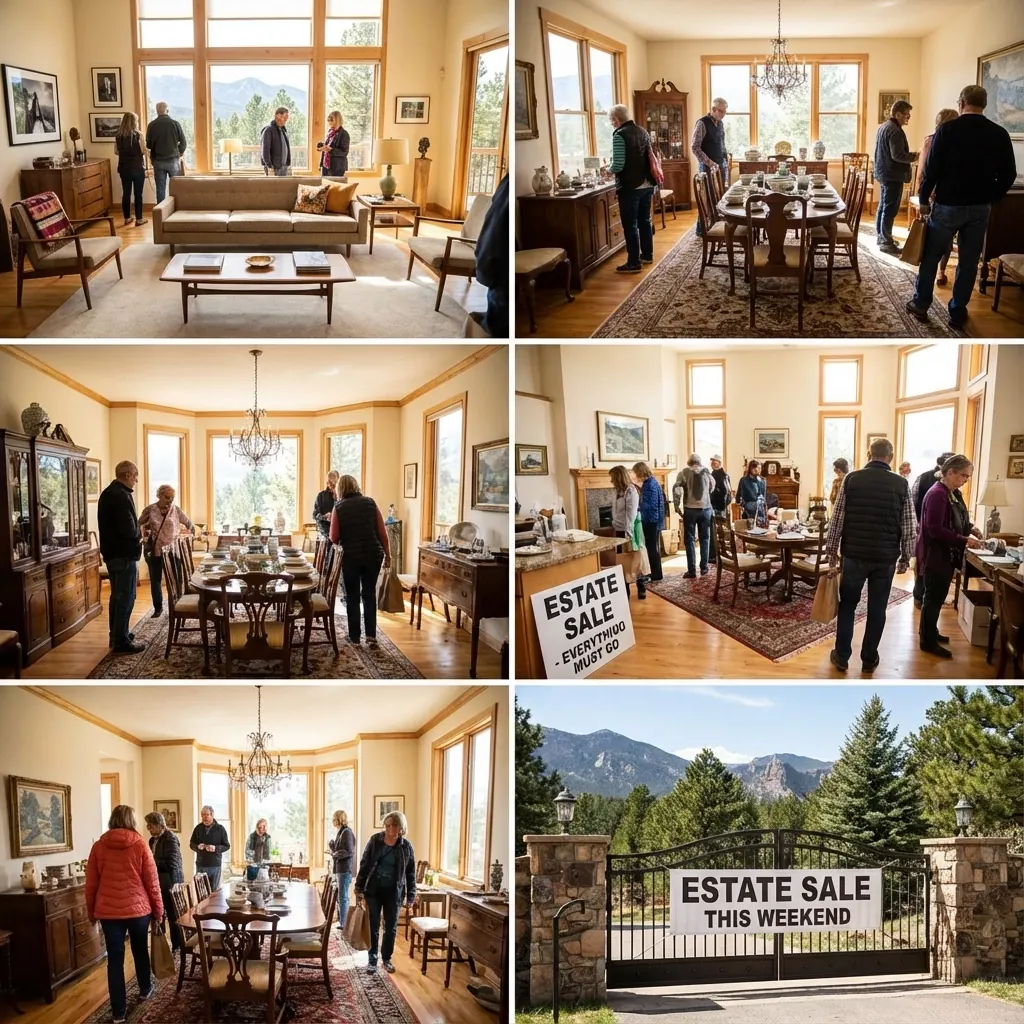 Shoppers browsing furniture and household items during an estate sale in a bright home