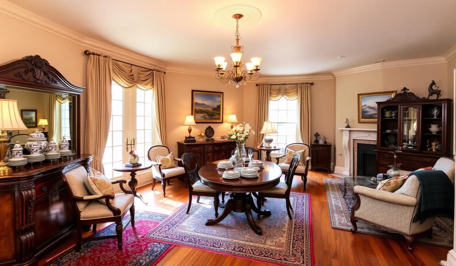 Professionally staged estate sale in a Denver Colorado home with antique furniture and china tastefully arranged