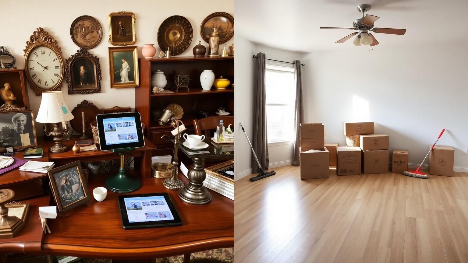 Side-by-side comparison of an estate sale auction setup versus a broom-clean empty Denver home after cleanout