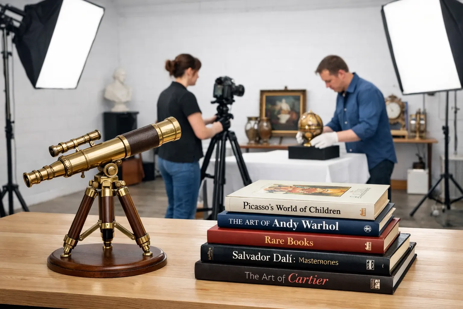 Professional staging table with curated high-value collectibles including coins, watches, and jewelry