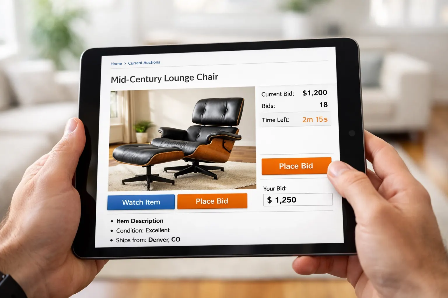 Hands holding a tablet showing an online estate auction listing in a Denver home