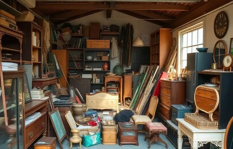 Vintage mid-century modern furniture including teak credenza and orange retro chair stored in a garage