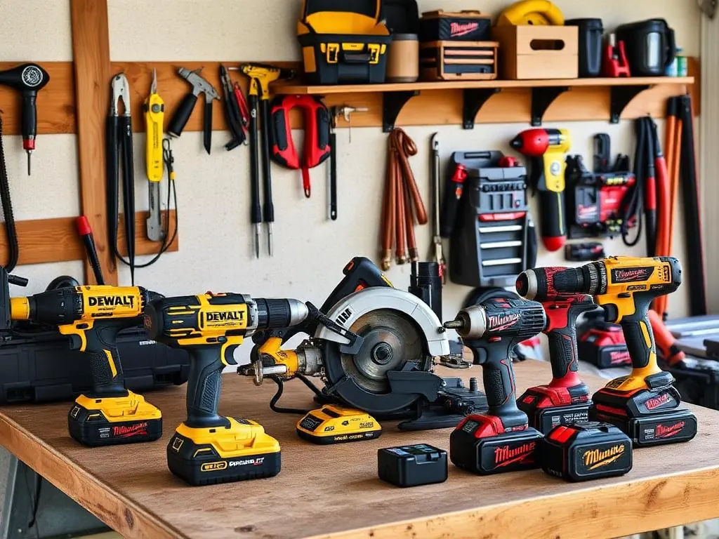 Professional power tools including DeWalt drills and circular saws on a garage workbench