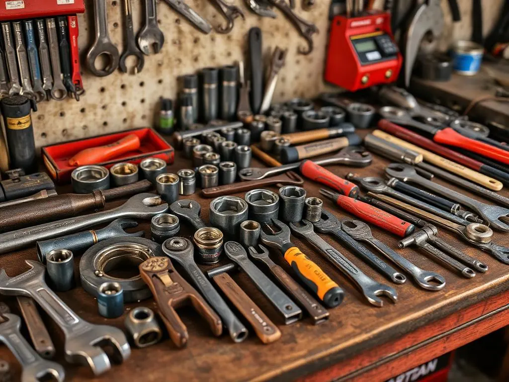 Vintage hand tools and wrenches including Craftsman socket sets spread out on a workbench