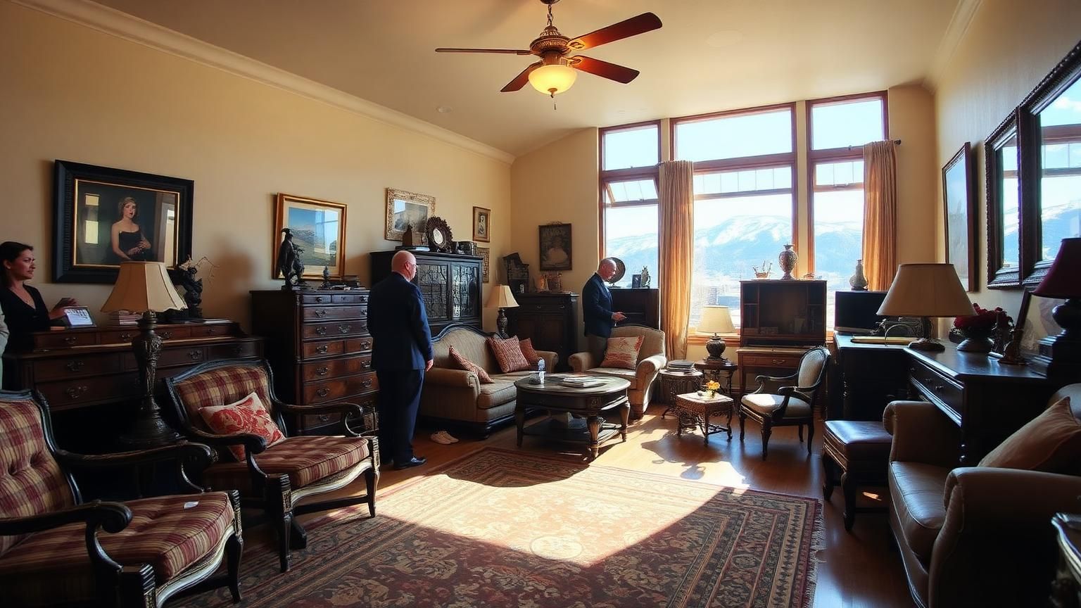 Professional estate sale in progress inside a Denver Colorado home with antique furniture and Rocky Mountain views