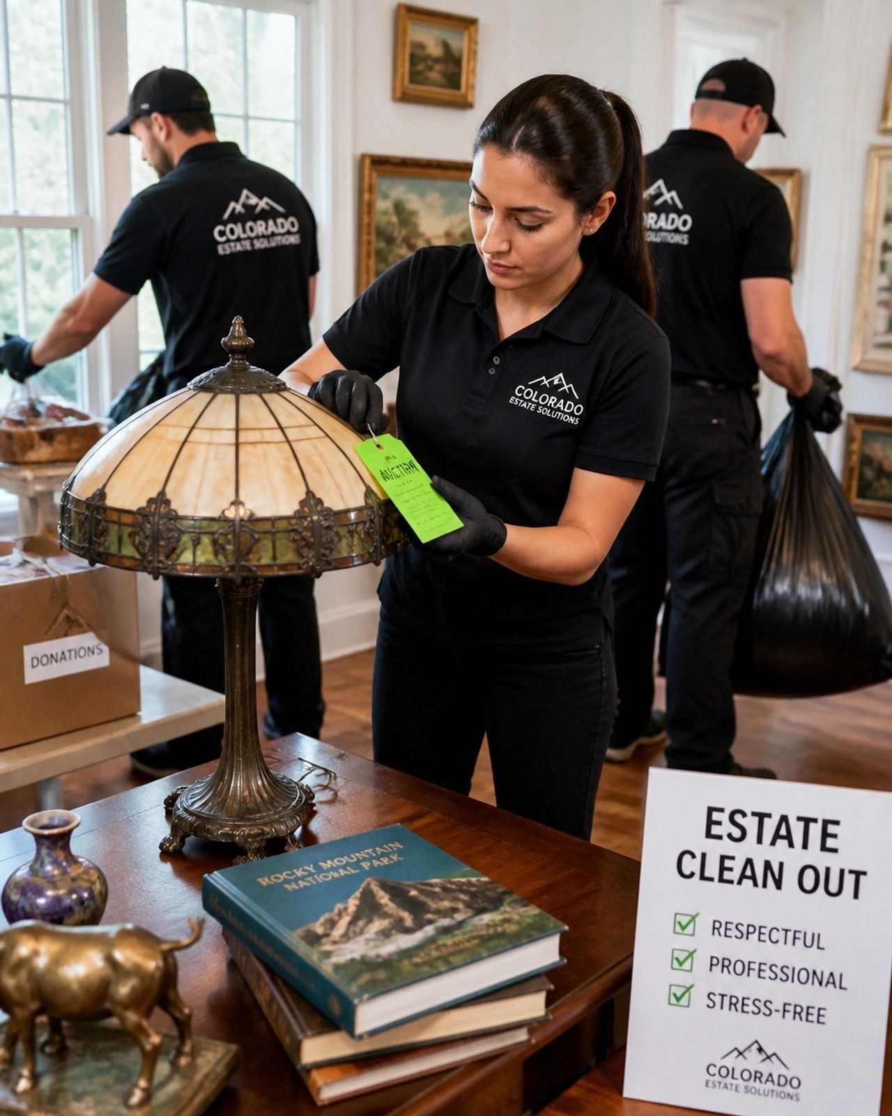 JSG Liquidators team tagging items for auction during a Denver estate cleanout