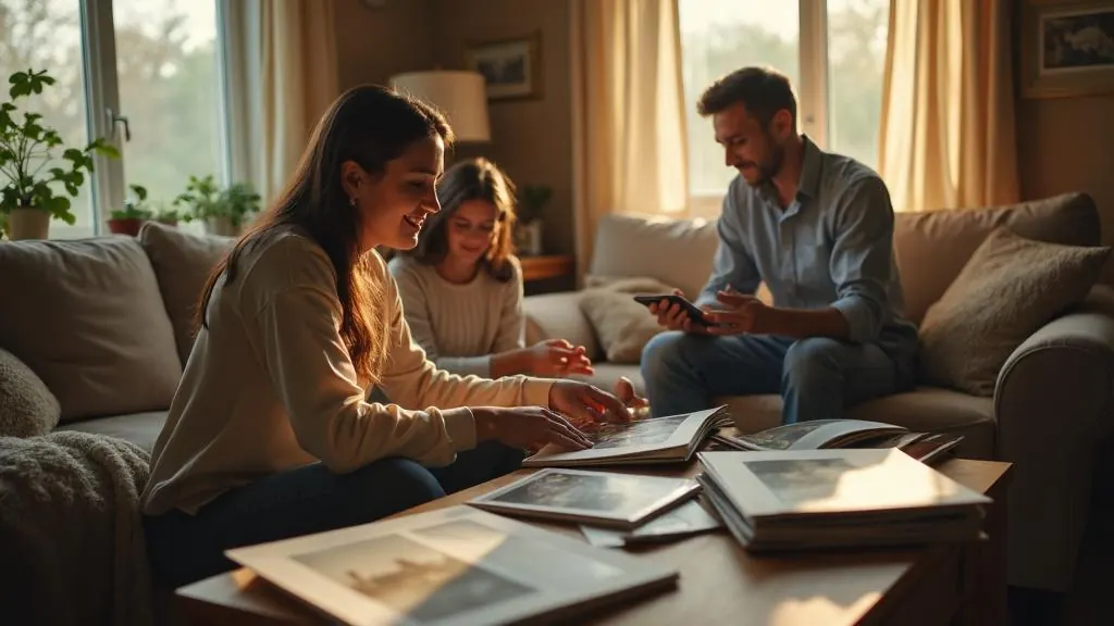 Family sharing memories while sorting through belongings