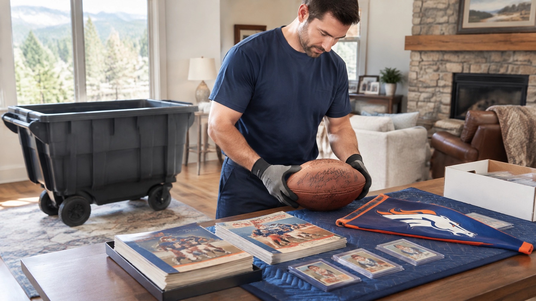 Sports memorabilia being sorted during a Colorado estate cleanout