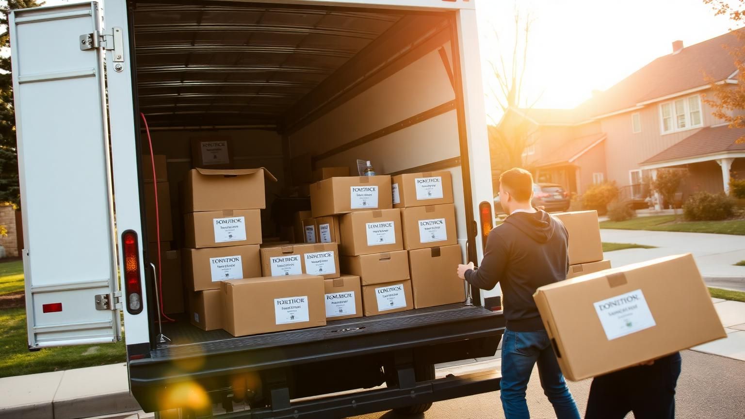 Movers loading donation boxes of unsold estate items into a truck in a Denver Colorado neighborhood